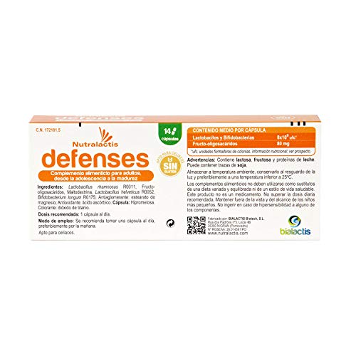 Probiótico y Prebiótico Nutralactis Defenses - 14 cápsulas con 8.000 millones de UFC - Refuerza el sistema inmunitario y reduce las alteraciones gastrointestinales - Sin gluten