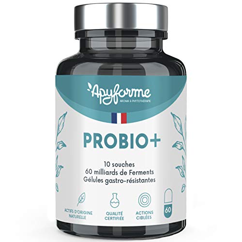 Probióticos Flora Intestinal - 60 Mil Millones UFC / 2 Geles - 10 Cepas - Complemento Alimentario 100% FRANCÉS - 60 Células Gastrorresistentes - Probio + Fabricado en Francia por ApyForme