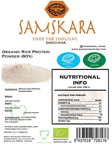 Proteina de Arroz (80%) en Polvo isolada | Ecológico Bio | producida en España | SAMSKARA | E.U Agriculture Organic Bio Rice Protein (80%) (500gr)