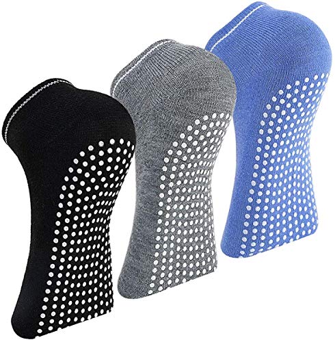 Pudiman - Calcetines antideslizantes para yoga, pilates, barra, hospital (3 pares (negro+gris+azul)