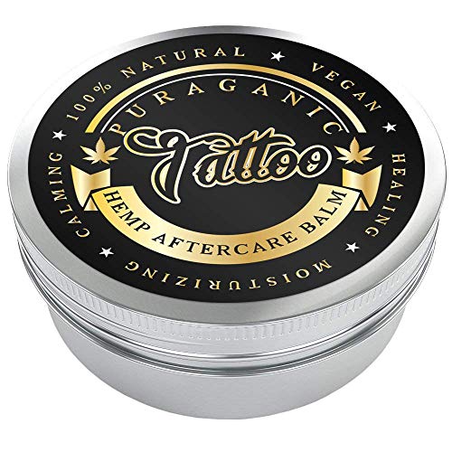 Puraganic Hemp Tattoo Aftercare Balm Crema Calmante Post Tatuaje de Cáñamo | 100% Natural sin Parabenos, ni Petrolatos - Antibacterial, Anti Cracking, Antiinflamatorio, Revitalizante. LATA GRANDE 60ml