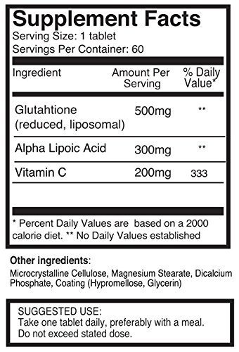 Pureclinica Glutatión 1,000 mg x 60 Comprimidos. Con Glutathione 500mg, Ácido Alfa Lipoico 300mg y 200mg de Vitamina C por Comprimido. SKU: GLU3