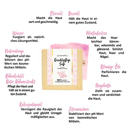 Puremetics - Jabón para el cuidado facial "Wildrose" | 100% natural, vegano y sin plástico | Jabón natural facial a mano | Jabón reafirmante para piel sensible y seca