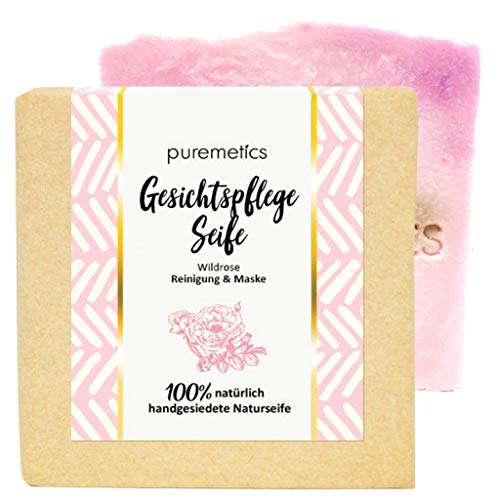 Puremetics - Jabón para el cuidado facial "Wildrose" | 100% natural, vegano y sin plástico | Jabón natural facial a mano | Jabón reafirmante para piel sensible y seca
