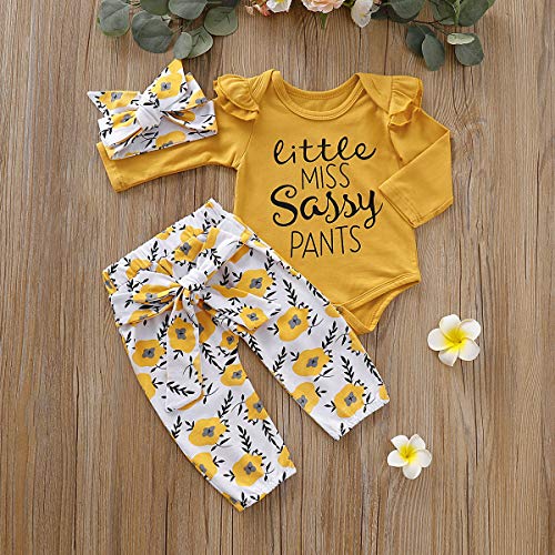 puseky Baby Little Miss Sassy Pants Conjunto de Ropa de Manga Larga con Volantes y Pantalones Florales - Amarillo - 6-12 Meses
