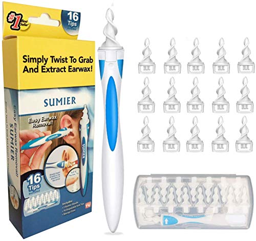 Q-Grips Limpia Oídos,Kit Limpiador para Oídos,Limpiador de Cera de Oídos con Punta Suave en Espiral y 16 Puntas Remplazables de Silicona lavables para la Higiene de Toda la Fam