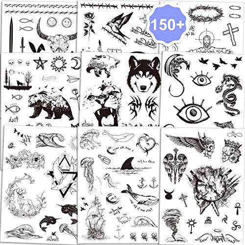 Qpout Tatuajes temporales para hombres adultos/mujeres/niños (150+ piezas), pegatinas de tatuaje de tótem tribal negro tatuajes de brazo de mano Cráneo Cabeza De Toro Mamba Serpiente Lobo Conejo Búho