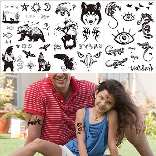 Qpout Tatuajes temporales para hombres adultos/mujeres/niños (150+ piezas), pegatinas de tatuaje de tótem tribal negro tatuajes de brazo de mano Cráneo Cabeza De Toro Mamba Serpiente Lobo Conejo Búho