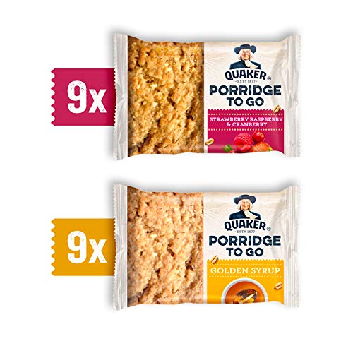 Quaker Porridge To Go Barra de desayuno Golden Syrup & Strawberry Frambuesa & Cranberry Variedad 18 x 55 g