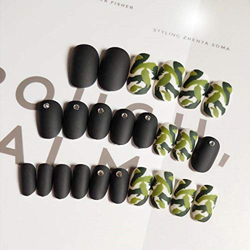 QULIN 24pcs/Novedades encantadoras de uñas falsas en uñas negras con tapa completa en caja Las niñas dan impresiones de camuflaje frescas en camuflaje