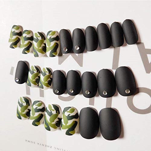 QULIN 24pcs/Novedades encantadoras de uñas falsas en uñas negras con tapa completa en caja Las niñas dan impresiones de camuflaje frescas en camuflaje