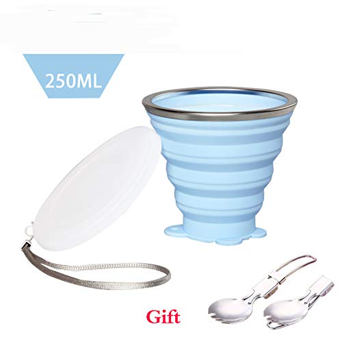 qwqqaq Plegable Silicona Taza De Viaje con Cuerda Conveniente,bpa-Gratis Taza De Te Compresible Taza De Boca Reutilizable Botella De Bebidas Viajeros-Azul 250ml
