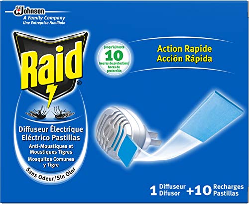 Raid - Eléctrico Pastillas Anti Mosquitos Comunes y Tigre con Acción Rápida, difusor + 10 pastillas [Pack de 4]