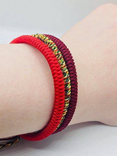 Reclaiming Zen Pulsera Tibetana Cuerda Budista Hecha a Mano Nudo de la Suerte (Conjunto de 3 - Rojo, Rojo Intenso, Multi-Dorado)
