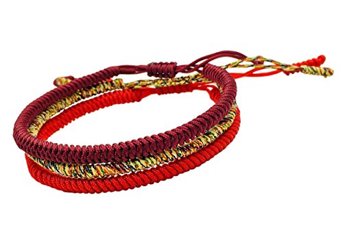 Reclaiming Zen Pulsera Tibetana Cuerda Budista Hecha a Mano Nudo de la Suerte (Conjunto de 3 - Rojo, Rojo Intenso, Multi-Dorado)