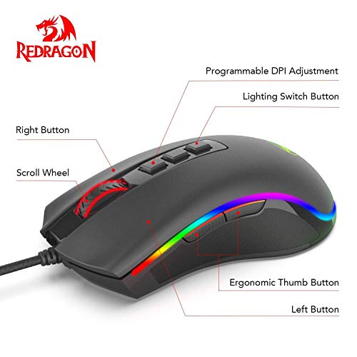 Redragon M711 COBRA Ratón Gaming RGB Windows, Sensor Pixart P3325 10,000 DPI, 8 Botones Programables, Memoria integrada, Interruptores 20 Millones clics, Cable mallado. PC Compatible