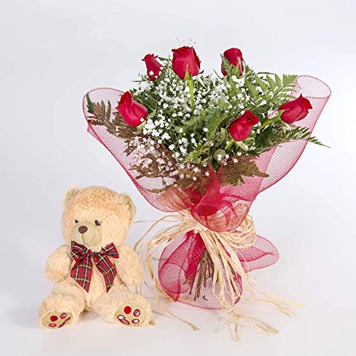 REGALAUNAFLOR-Ramo 6 rosas rojas con osito-FLORES FRESCAS-Entrega en 24 horas de martes a sabado.