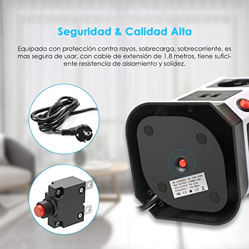 Regleta Enchufe Vertical de 7 Tomas UE y 2 Rapida USB, Cable Alargadora 2m de con Protección y Interruptor para Múltiples Dispositivos, Tower Power Strip para Hogar Oficina 2500W/10A (Negro)
