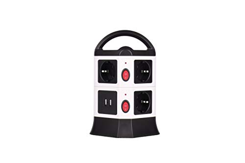 Regleta Enchufe Vertical de 7 Tomas UE y 2 Rapida USB, Cable Alargadora 2m de con Protección y Interruptor para Múltiples Dispositivos, Tower Power Strip para Hogar Oficina 2500W/10A (Negro)