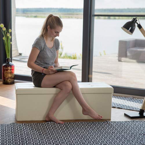 Relaxdays Banco plegable, Baúl de almacenaje, Cuero sintético, 38 x 114 x 38 cm, Crema