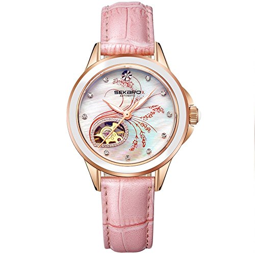 Reloj de Cuarzo para Mujer con Pantalla análoga, Correa de Cuero, Estuche de Cuero con Forma de Oreja de arroz, Correa de Piel Rosa