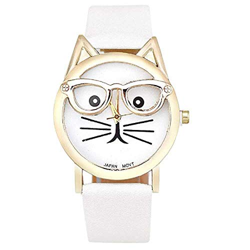 Reloj de Cuarzo para Mujer, WSSVAN Concha de Oro Caliente Gafas de Gato Correa de Cuero Reloj de Dibujos Animados Reloj de Cuarzo Creativo Barba Dorada Gafas de Cara de Gato Reloj de Ocio (Blanco)