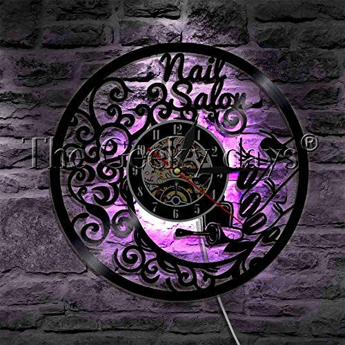 Reloj de pared de vinilo 3D salón de uñas manicura lámpara de diseñador logo salón de belleza botella de esmalte de uñas iluminación decorativa reloj de pared