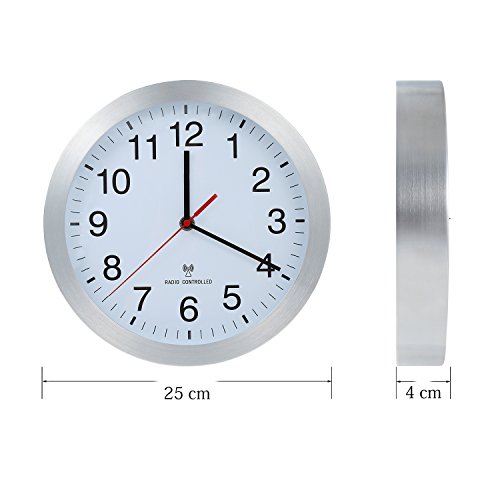 Reloj de pared inalámbrico con carcasa de aluminio, cambio automático de horario de invierno y verano, 25 cm