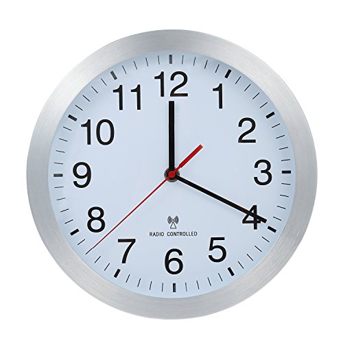 Reloj de pared inalámbrico con carcasa de aluminio, cambio automático de horario de invierno y verano, 25 cm
