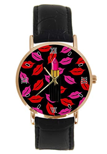 Reloj de Pulsera con diseño de Labios y Labios, Color Rosa, Rojo, clásico, Unisex, analógico, de Cuarzo, Caja de Acero Inoxidable, Correa de Cuero