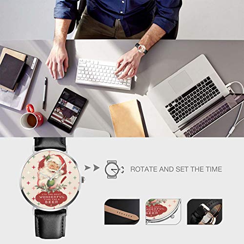 Reloj de pulsera de cuarzo, divertido Santa Navidad, maravilloso tiempo para una cerveza, resistente al agua, correa de piel sintética, reloj de cuarzo clásico casual de acero inoxidable