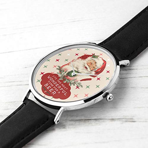 Reloj de pulsera de cuarzo, divertido Santa Navidad, maravilloso tiempo para una cerveza, resistente al agua, correa de piel sintética, reloj de cuarzo clásico casual de acero inoxidable