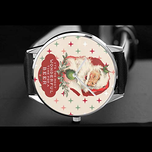 Reloj de pulsera de cuarzo, divertido Santa Navidad, maravilloso tiempo para una cerveza, resistente al agua, correa de piel sintética, reloj de cuarzo clásico casual de acero inoxidable