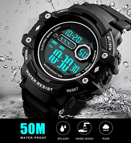 Reloj de Pulsera Digital para Hombres, Reloj Deportivo Militar Impermeable a Prueba de Agua 50M con 12/24 H/Alarma, Reloj de Pulsera Digital para Hombres Deporte al Aire Libre - Negro