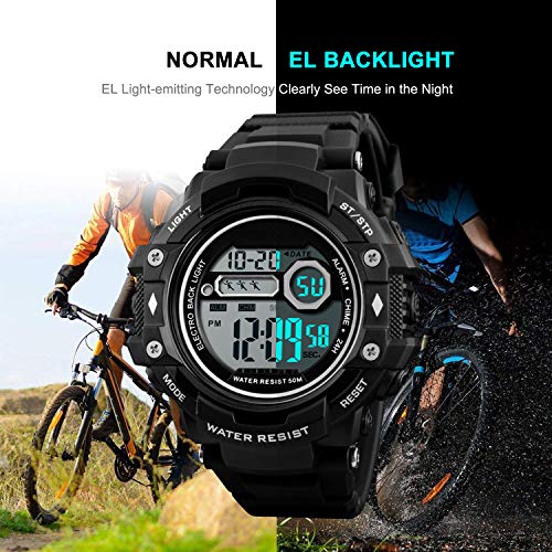 Reloj de Pulsera Digital para Hombres, Reloj Deportivo Militar Impermeable a Prueba de Agua 50M con 12/24 H/Alarma, Reloj de Pulsera Digital para Hombres Deporte al Aire Libre - Negro