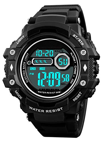Reloj de Pulsera Digital para Hombres, Reloj Deportivo Militar Impermeable a Prueba de Agua 50M con 12/24 H/Alarma, Reloj de Pulsera Digital para Hombres Deporte al Aire Libre - Negro