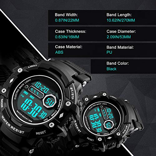 Reloj de Pulsera Digital para Hombres, Reloj Deportivo Militar Impermeable a Prueba de Agua 50M con 12/24 H/Alarma, Reloj de Pulsera Digital para Hombres Deporte al Aire Libre - Negro
