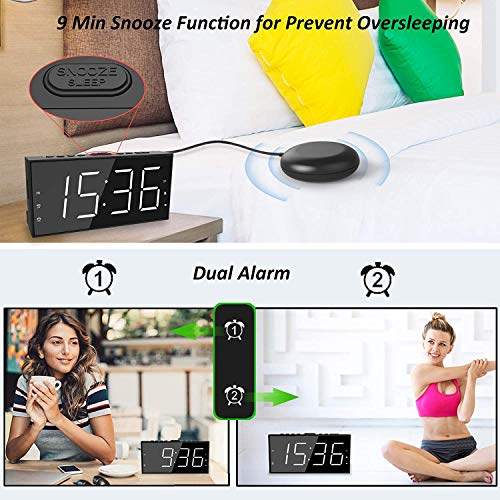 Reloj Despertador de Vibración para Sordos,LED Despertador Digital para Duermen Profundamente,Pantalla Grande de 7 '' y Atenuador, Alarma Doble, Cargador USB, Horario de Verano de 12/24 h - Blanco