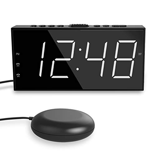 Reloj Despertador de Vibración para Sordos,LED Despertador Digital para Duermen Profundamente,Pantalla Grande de 7 '' y Atenuador, Alarma Doble, Cargador USB, Horario de Verano de 12/24 h - Blanco