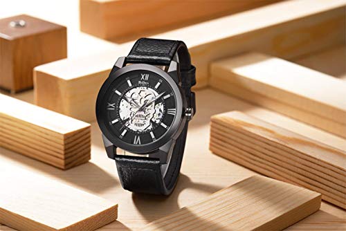 Relojes Hombre,Personalidad Ahuecada Cabeza Red con Reloj Tendencia Cara Truco Reloj Cara Negro