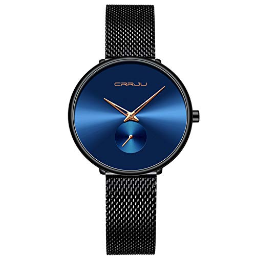Relojes Ultra Delgados para Mujer, Malla Impermeable, Acero Inoxidable Negro con Oro, Moda para Mujer, Reloj de Pulsera de Cuarzo analógico, Regalo