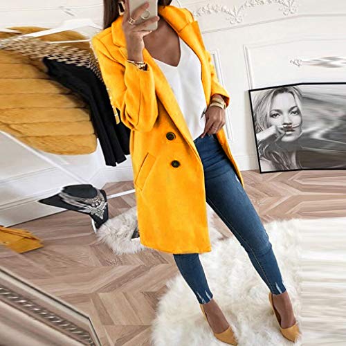 Reooly Mujer Abrigo Largo de Lana Elegante Abrigo Mixto Chaqueta Delgada Mujer Abrigo Largo(Amarillo,X-Large)