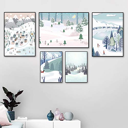 Retro Snow Mountain Forest Lake Ilustración Arte de la pared Pintura de la lona Cartel Imagen de la sala A4 21X30cm
