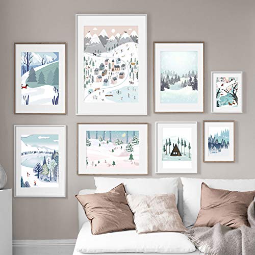 Retro Snow Mountain Forest Lake Ilustración Arte de la pared Pintura de la lona Cartel Imagen de la sala A4 21X30cm