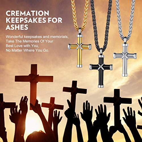 Richsteel Personalizable Cruz Guardapelo Negro Base Acero Inoxidable, Relicario Perfume Colgante para Cenizas Urna Cremación Recuerdo, Collar Ajustable Regalo para Mujer Hombre