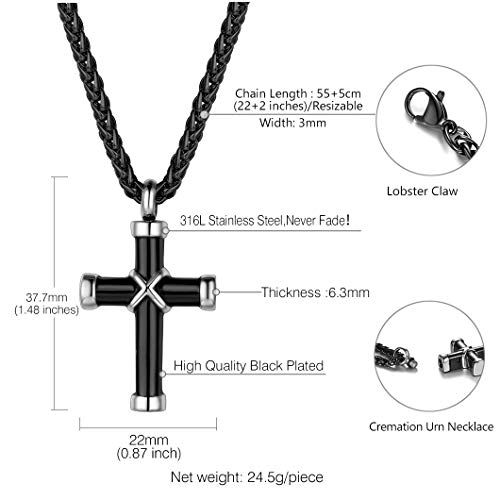 Richsteel Personalizable Cruz Guardapelo Negro Base Acero Inoxidable, Relicario Perfume Colgante para Cenizas Urna Cremación Recuerdo, Collar Ajustable Regalo para Mujer Hombre