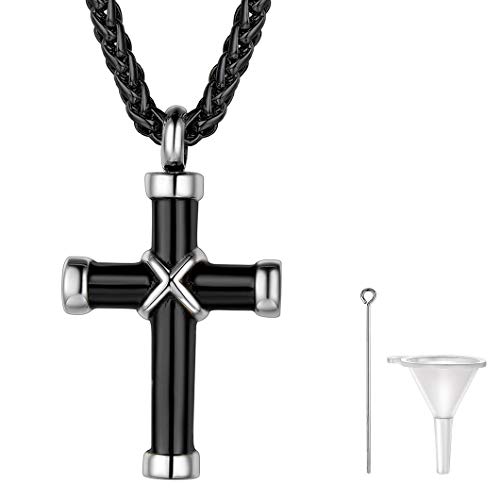 Richsteel Personalizable Cruz Guardapelo Negro Base Acero Inoxidable, Relicario Perfume Colgante para Cenizas Urna Cremación Recuerdo, Collar Ajustable Regalo para Mujer Hombre