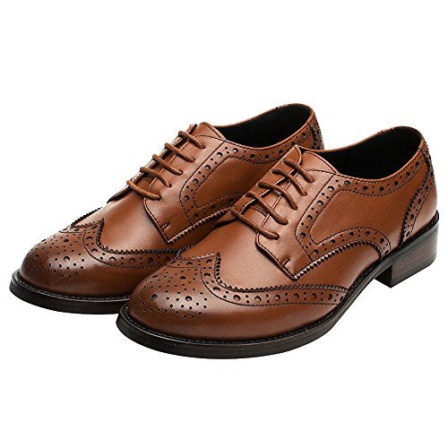 Rismart Mujer Brogue Dedo del Pie Puntiagudo Puntas De ala Oxfords Zapatos De Cordones SN02372(Marrón,EU38)