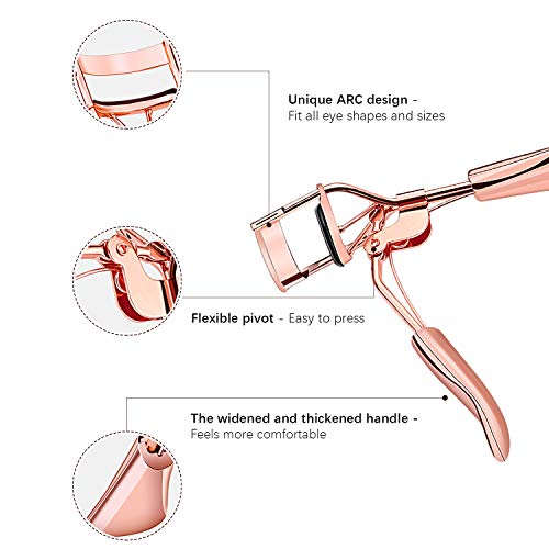 Rizador de pestañas con 6 Almohadillas de Repuesto - Profesional Lash Curler Adaptarse a todas las formas y tamaños de ojos, Perfectamente naturalmente rizado en segundos (Oro rosa)