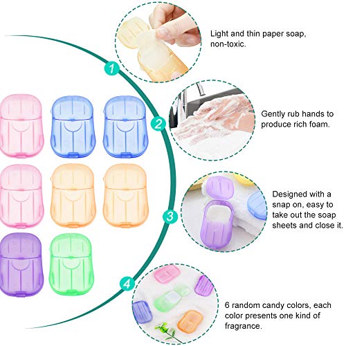 RMENOOR 8pcs Jabones en Papel Desechables Jabon Láminas Pastillas de Jabón Jabon Manos Papel Tabletas de Jabón Papel de Espuma, Jabón para Viaje 160 Hojas de Jabón Portátiles, Color Aleatorio